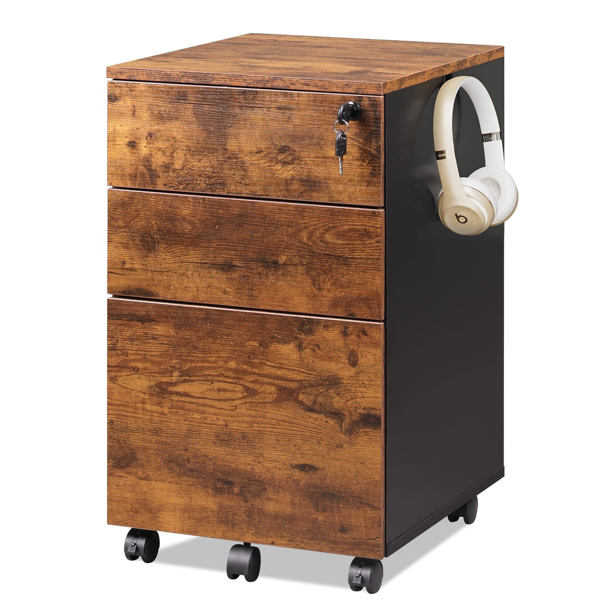 3 Drawer Rolling File Cabinet with Lock, Wood Under Desk Filing Cabinet fits