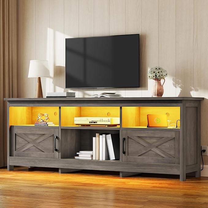 TV Stand for 80/75/70 Inch TVs with LED Lights, Farmhouse Entertainment Center