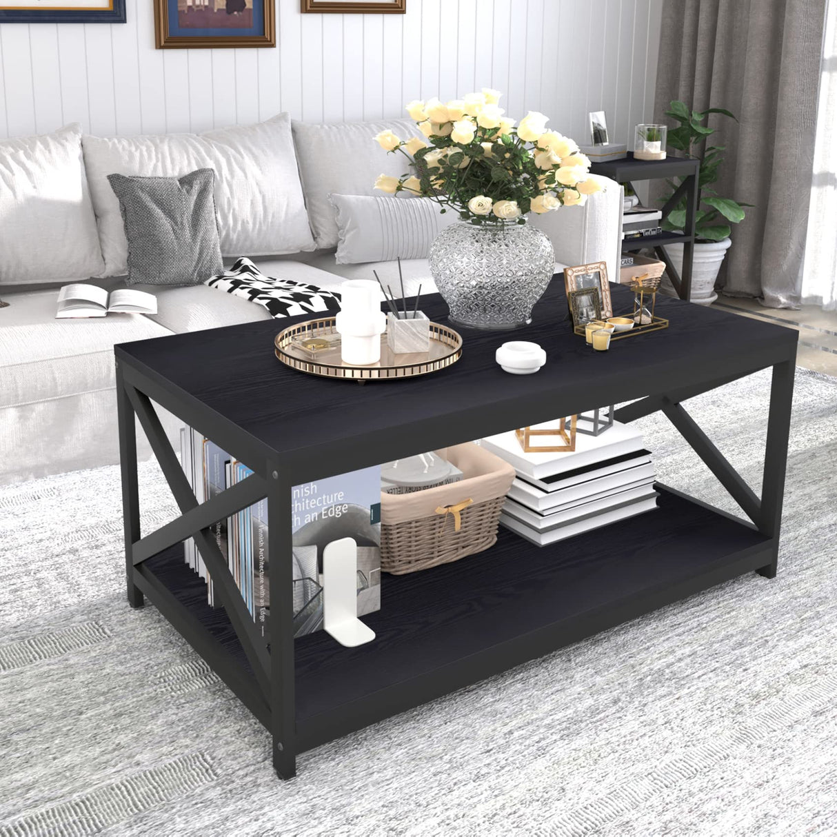 Living Room Coffee Table Set of 3, Industrial X-Design Coffee Table and 2 End Side