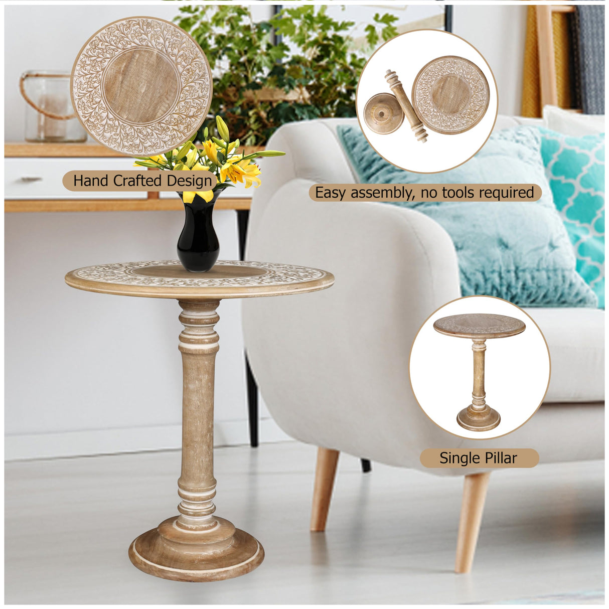 Carved Round End Table with Single Pillar, Unique Accent Piece for Living Room