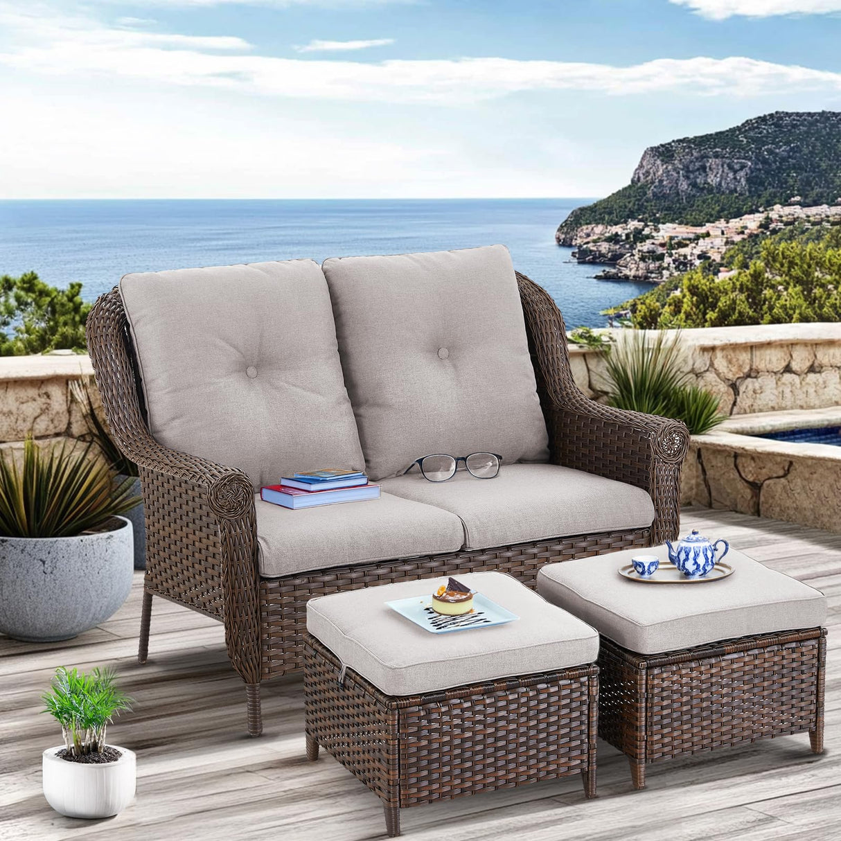 Outdoor Wicker Ottomans Rattan Footstools - Set of 2 Heavy Duty Outside Resin