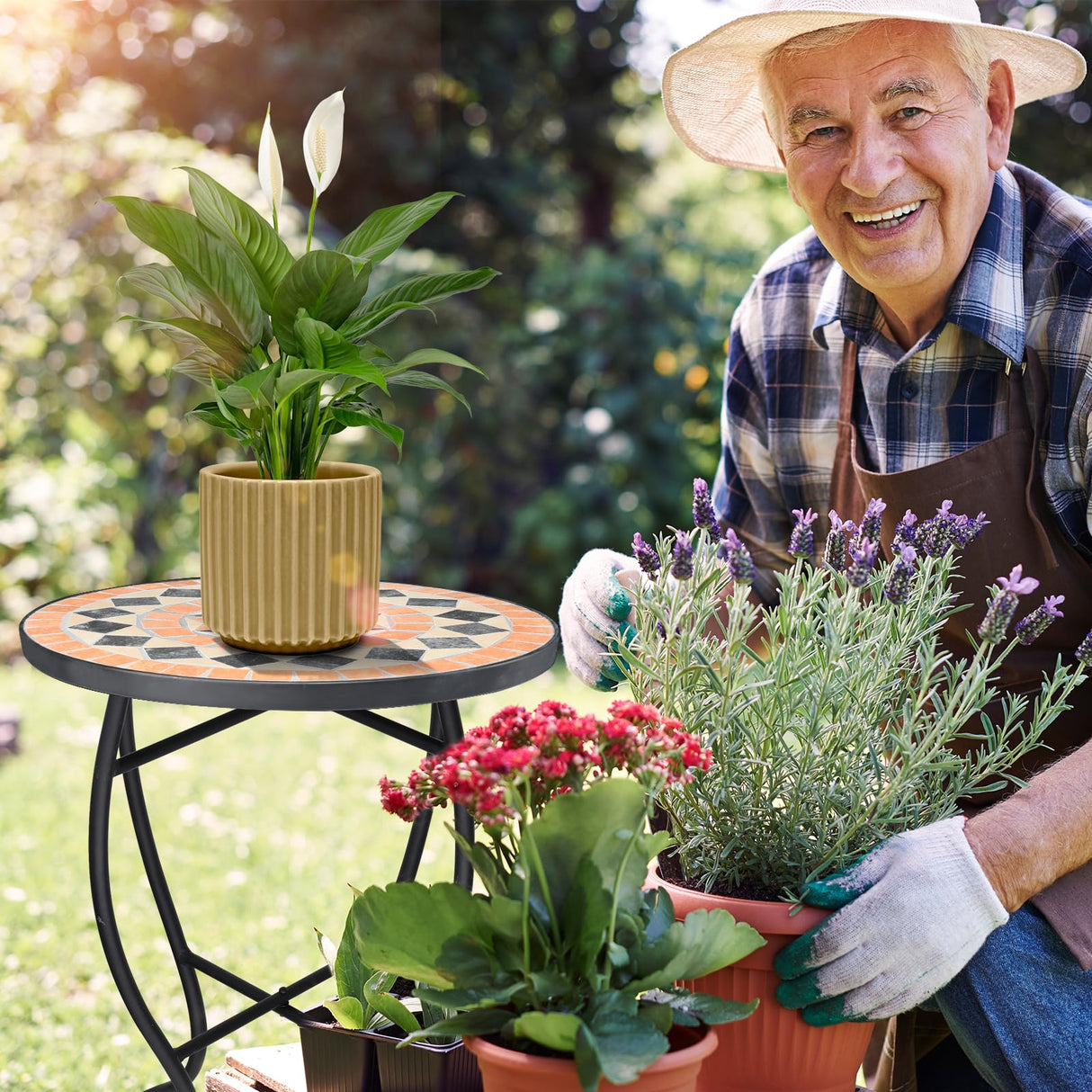 VCUTEKA Mosaic Outdoor Side Table - Small Patio Table Coffee Table Outside Accent Table Round End Plant Table for Bistro Balcony Porch Outdoor Benches 14'' Mosaic Table - Bircata