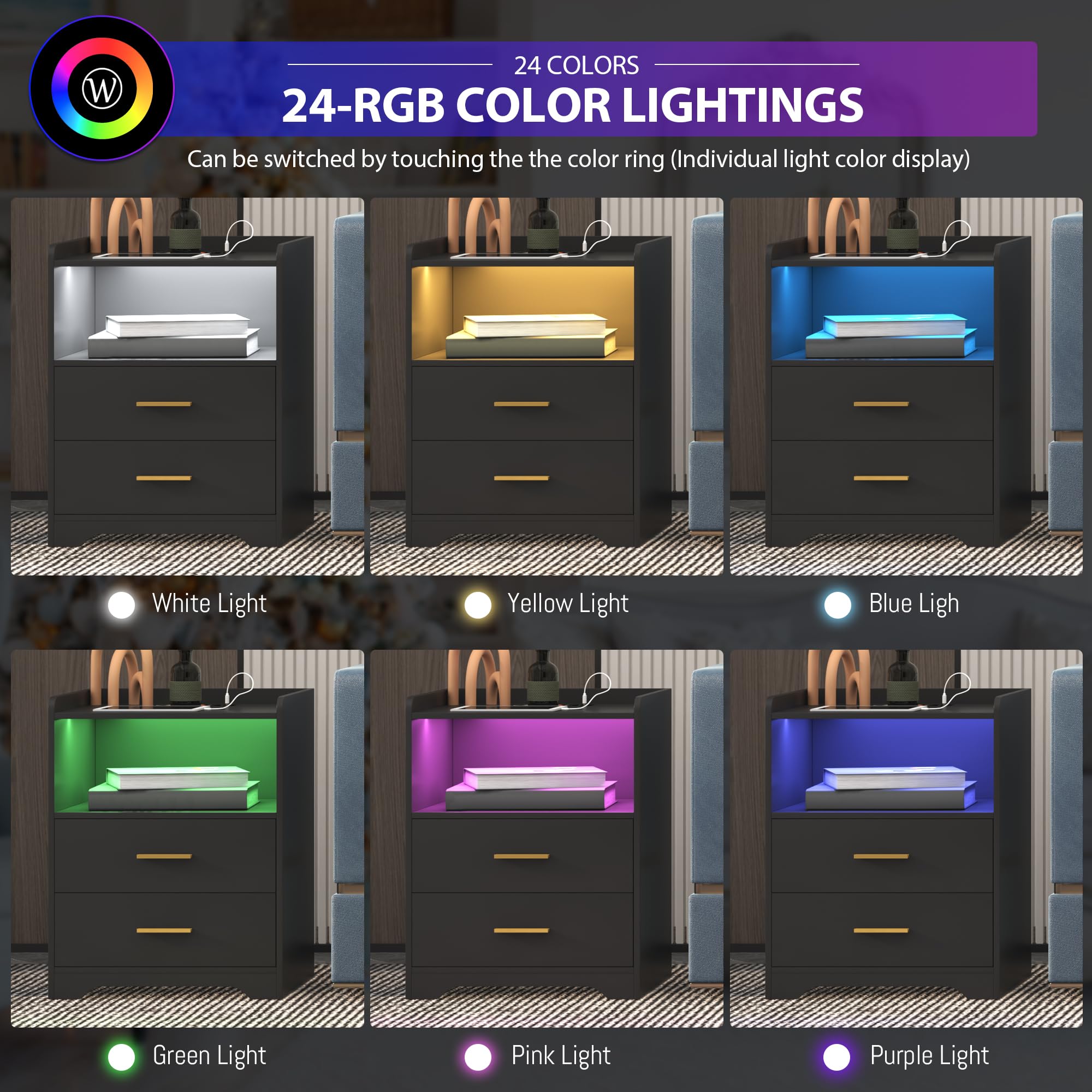Black LED Nightstand with Charging Station, Night Stands with 24-color RGB LED Lights