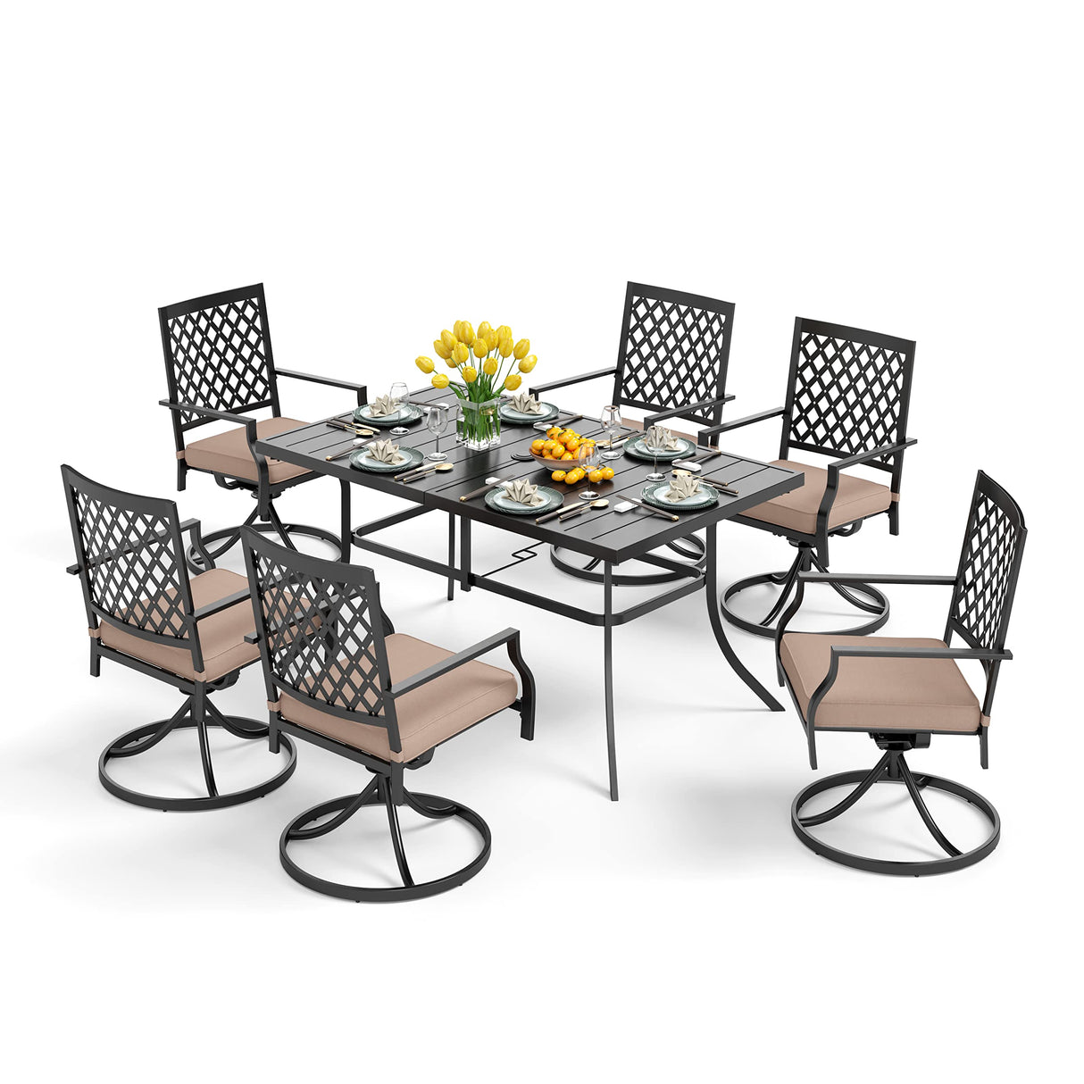 Outdoor Patio Dining Set 7 Pieces Metal Furniture Set, 6 x Swivel Chairs