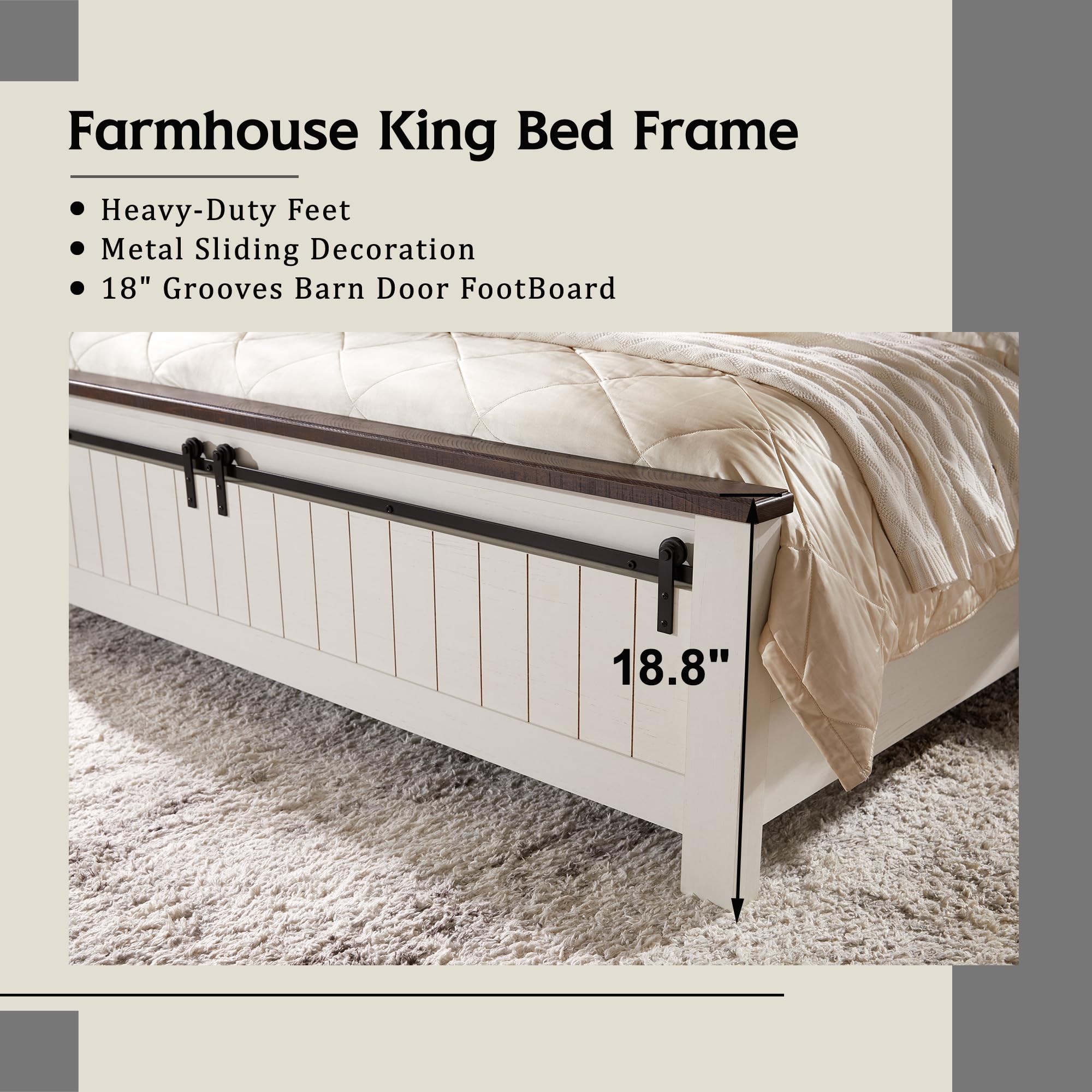 IFGET Farmhouse King Size Bed Frame with 47" Headboard, Wood Bed Frame with Groove Sliding Barn Door Footboard, Platform Bed with Wood Slats Support, No Box Spring Needed (White)