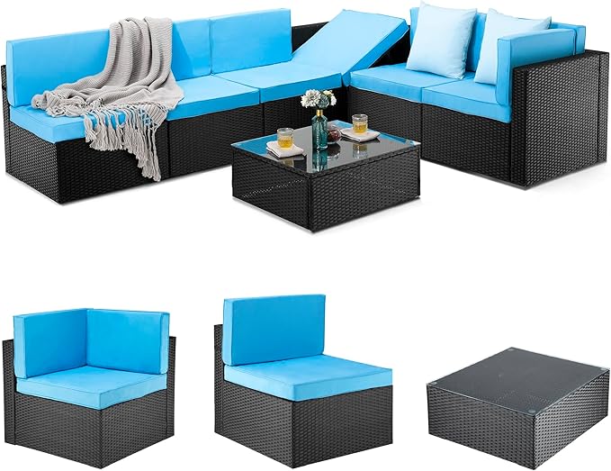 7 Pieces Outdoor Sectional, All-Weather PE Rattan Patio Furniture Set