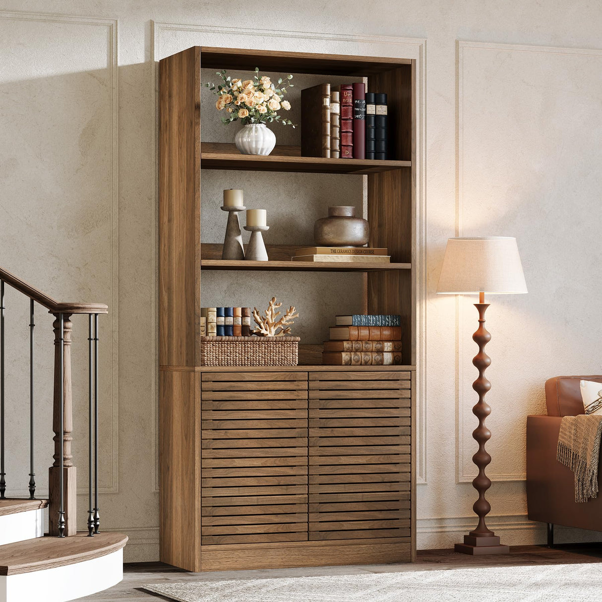 Bookshelf with Cabinet & Open Shelves, 68" Tall Bookcase with Shutter Doors, Floor Standing Wood Office Storage Cabinet with Adjustable Shelf for Living Room, Home Office (Rustic Brown)