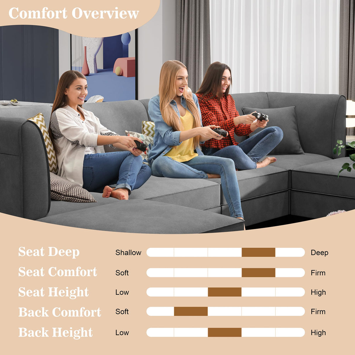 6 Pieces Sectional Couch Modular Sofa with Reversible Chaise