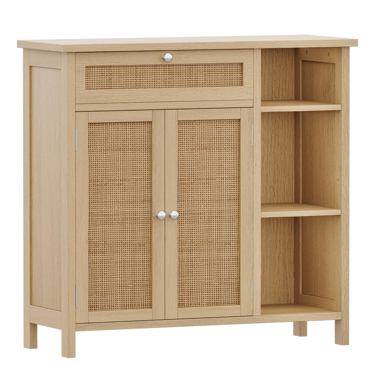 Bathroom Cabinet with Rattan Doors, Bathroom Floor Cabinet with Open Storage &