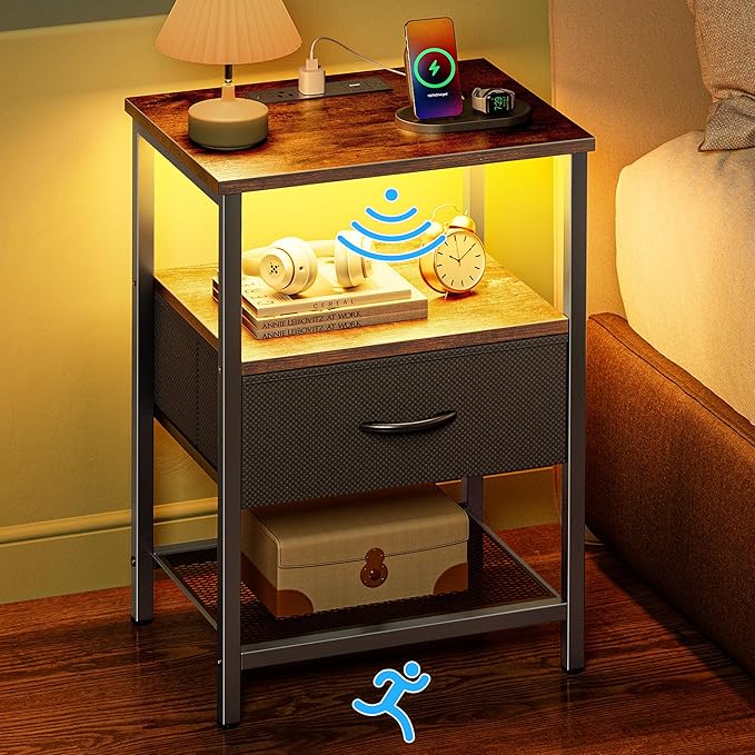 LED Nightstand with Motion Sensor Light and Charging Station, Night Stand with Nightlight
