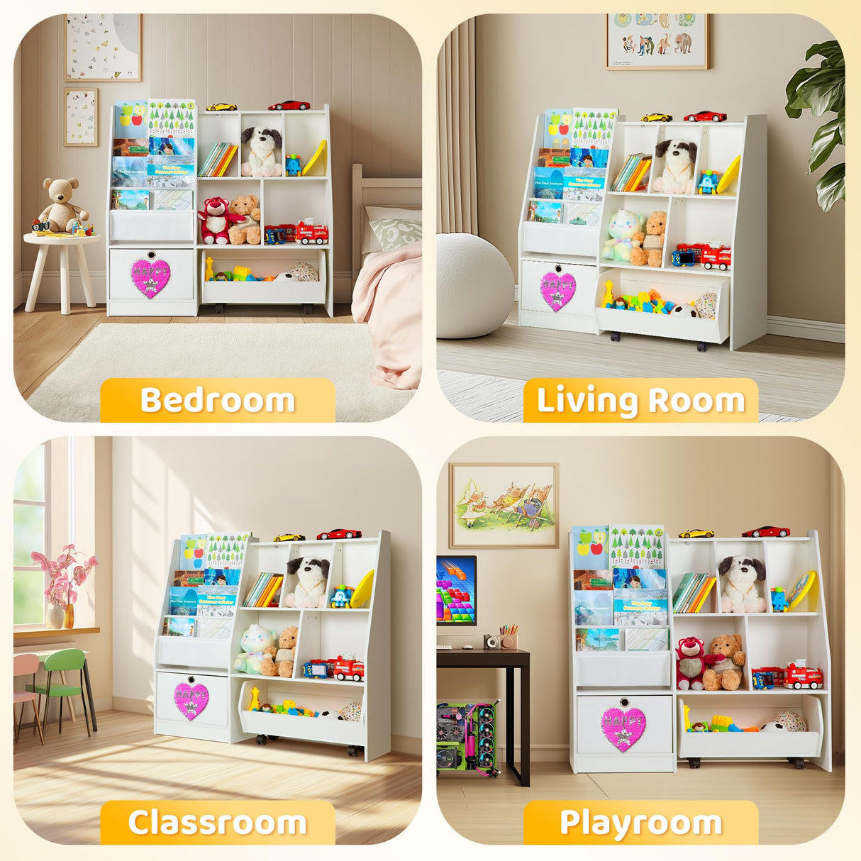 KOLIGEY Kids Bookshelf and Toy Organizer, 5-Cubby Toy Storage Cabinet with 4 Tier Wooden Bookcase, 1 Removable Toy Cabinet with Wheels for Bedroom, Living Room, Playroom, Nursery, Classroom