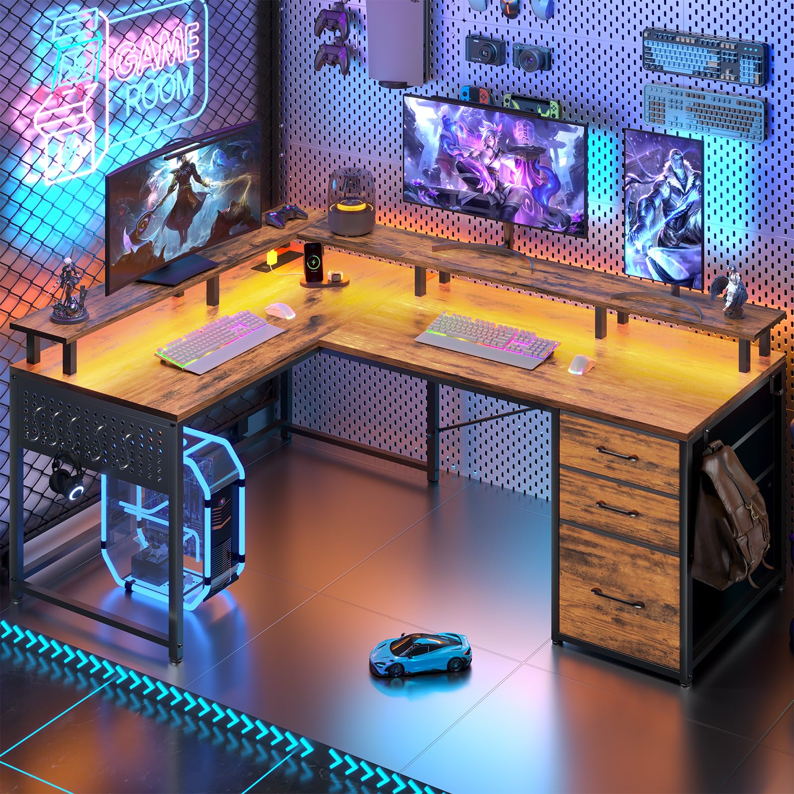 66.9" L Shaped Desk, Reversible Computer Desk with Monitor Stand and Pegboard,