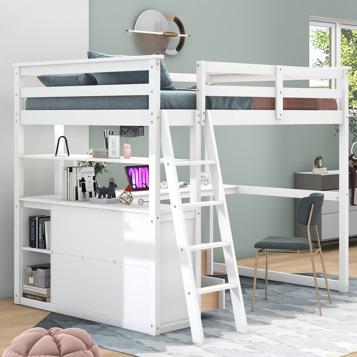 Full Size Loft Bed with Desk and Storage, Solid Wood Loft Bed Frame