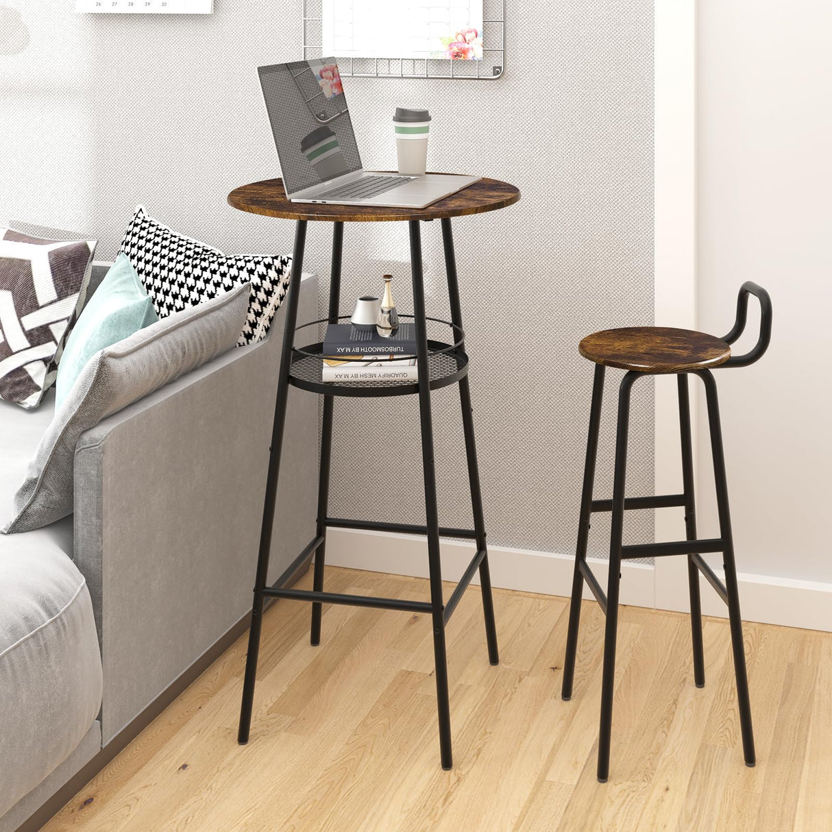 Set of 2 Barstools, Bar Chairs with Backrest and Footrest