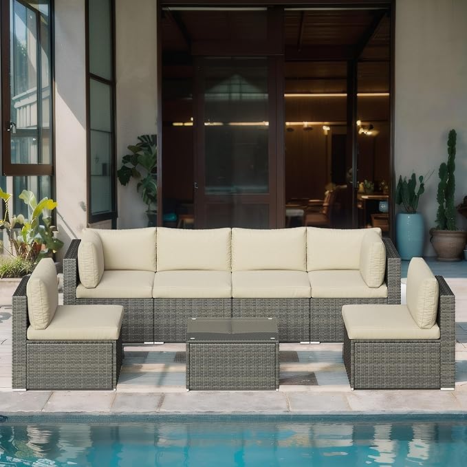 7-Piece Modular Patio Furniture Set, Wicker Outdoor Sectional Sofa with