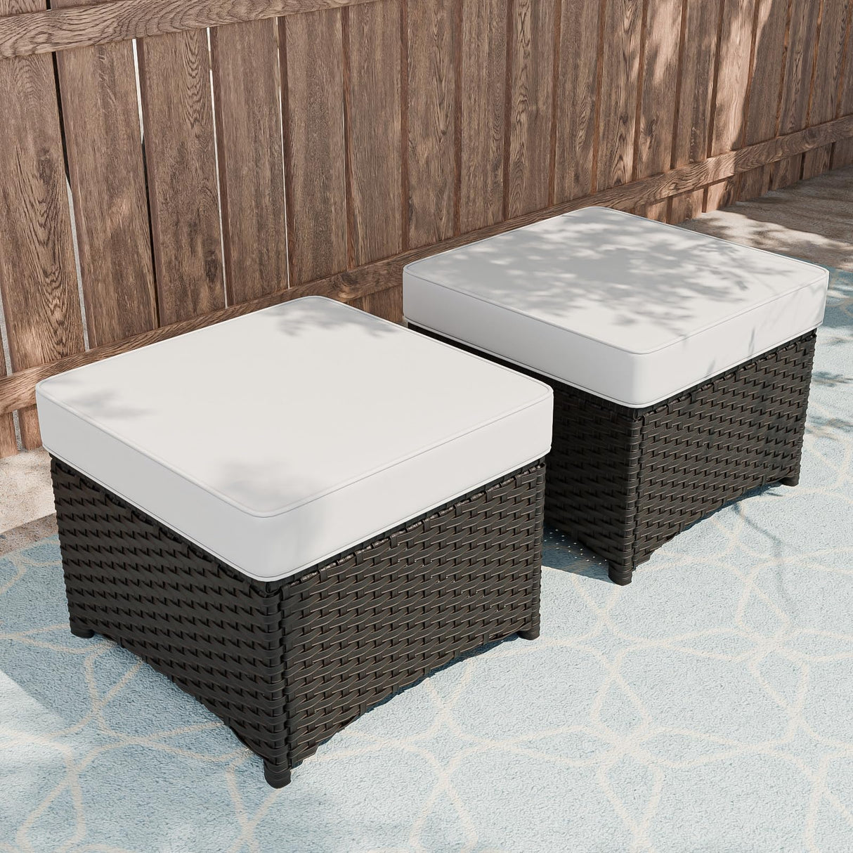 Stone Harbor Outdoor Wicker Ottomans, Small Patio Ottoman Set of 2, Square Rattan