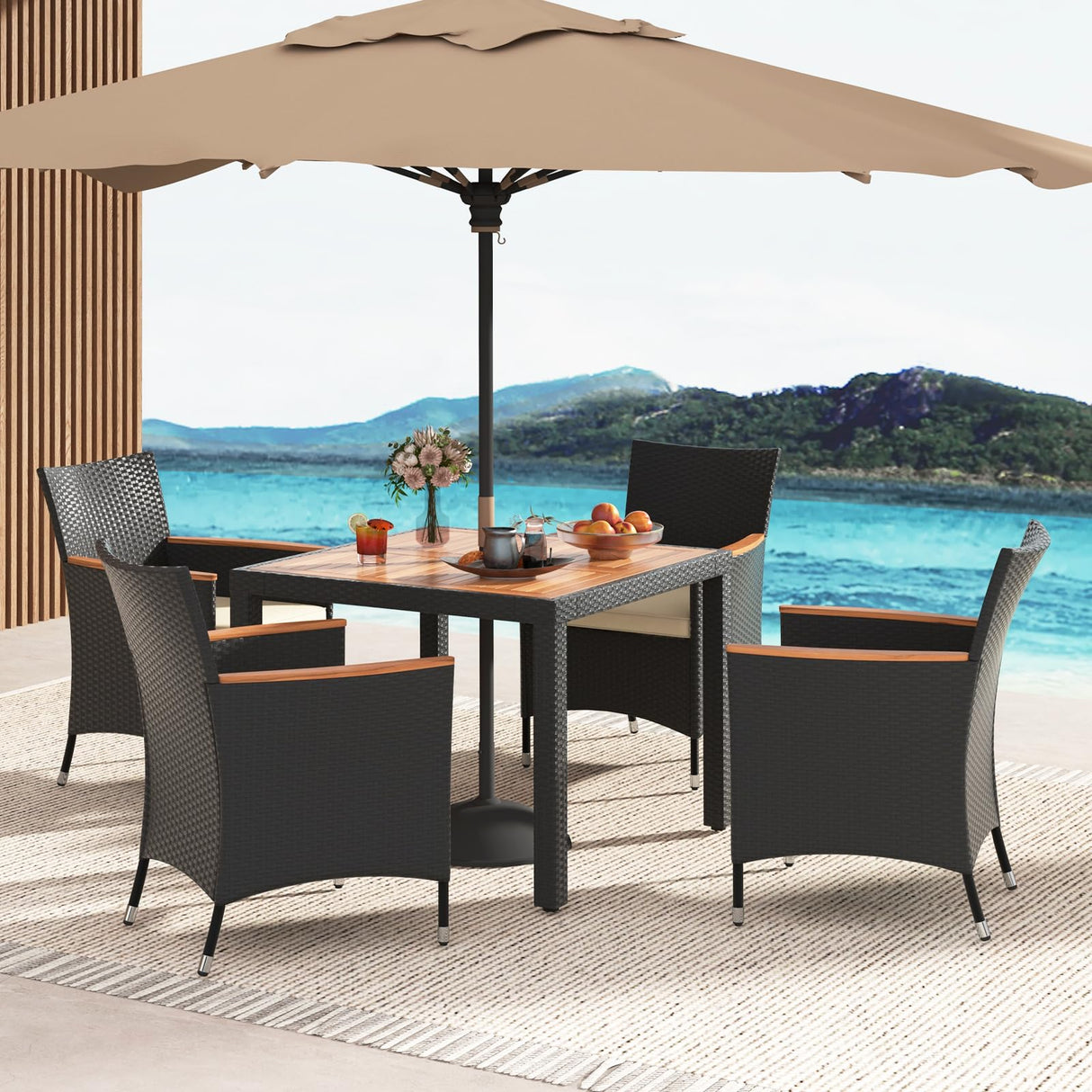 5 Pieces Patio Dining Table Set for 4, Rattan Conversation Set with Umbrella Hole