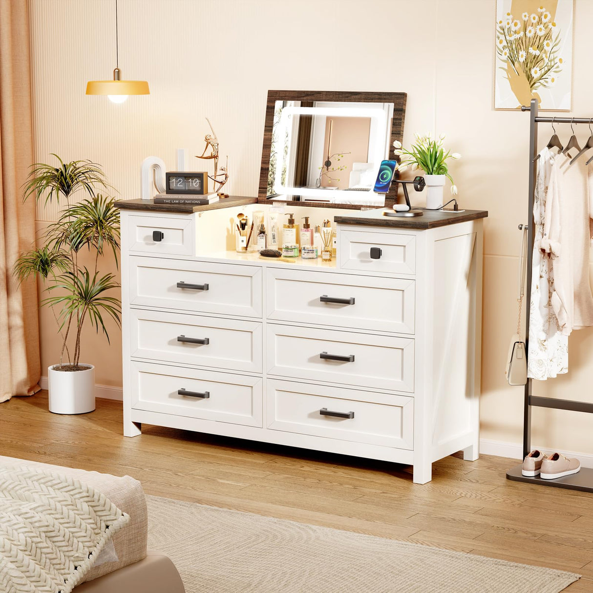 Chest of Drawers for Bedroom, 8 Drawer Dresser with Mirror, Charging Station
