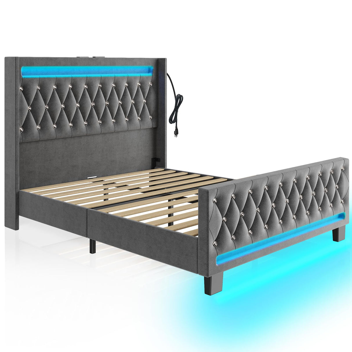 Rolanstar Full Bed Frame with LED Light and Charging Station, Upholstered High Headboard and Footboard, Wood Slats, Noise Free, Easy Assembly, Grey