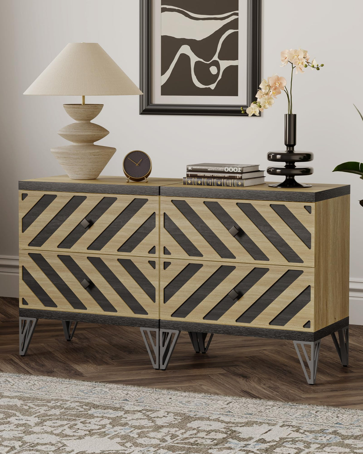 Night Stand Set of 2 - Modern Bedside Table Wide Nightstands