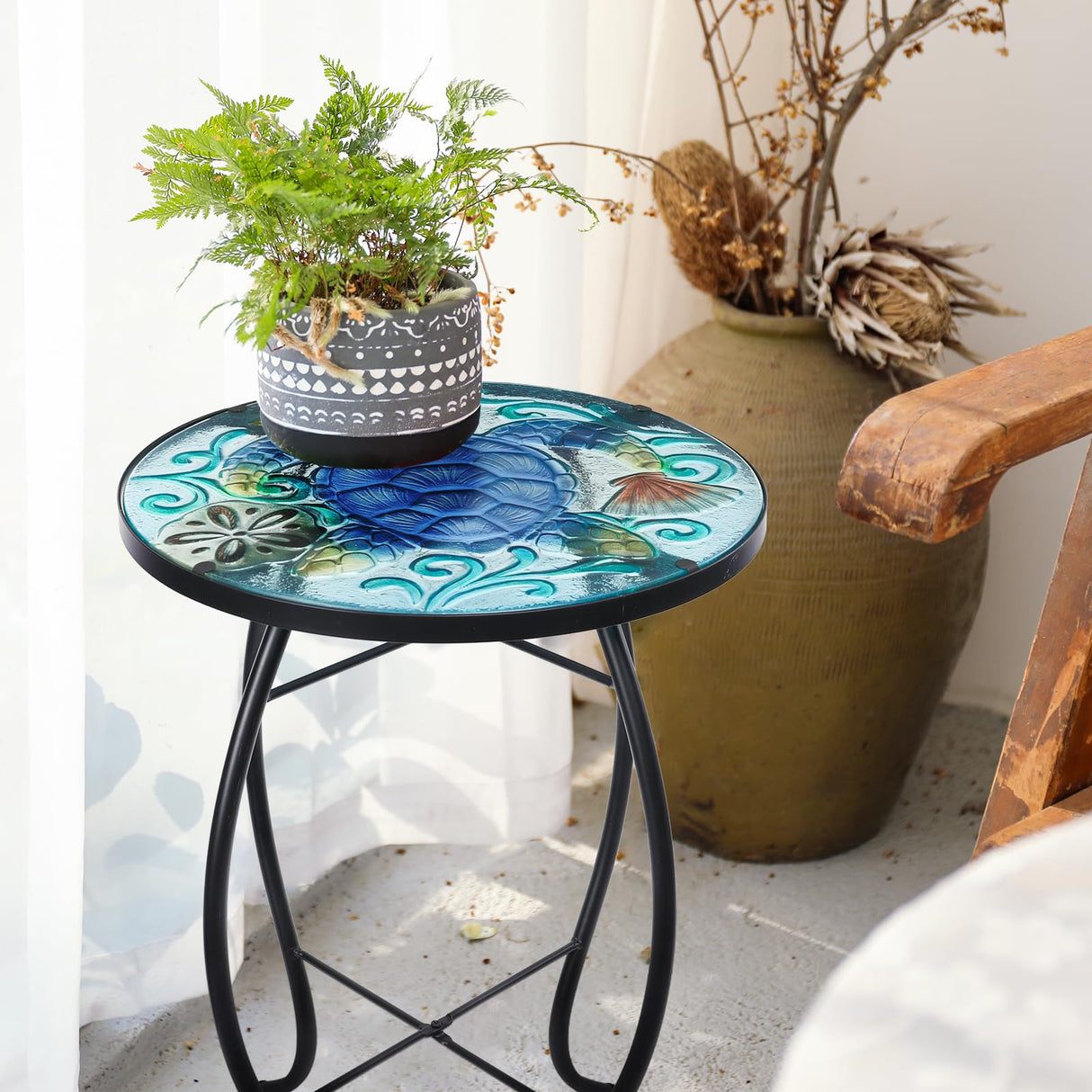 VCUTEKA Patio Side Table Outdoor Accent Table Small Mosaic Table Coffee Table End Table Porch Table Indoor Outdoor Round Glass Balcony Bistro Plant Stands Blue Transparent Turtle 14 inches - Bircata
