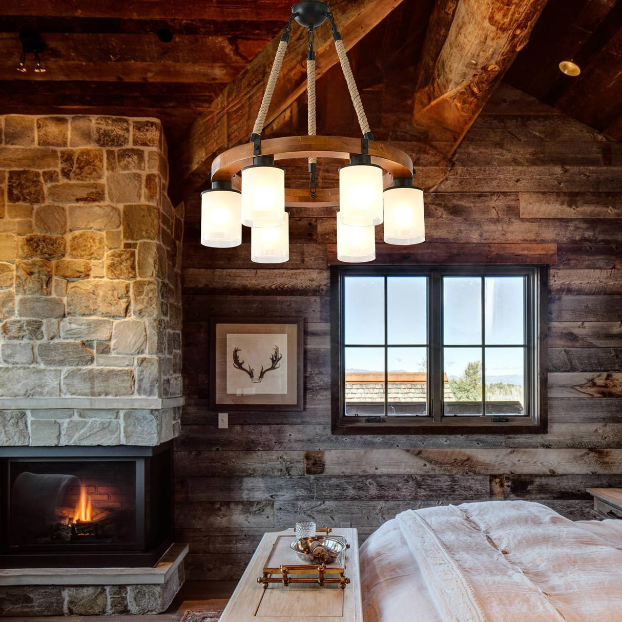 Farmhouse Wood Wagon Wheel Chandelier,6-Light Rustic Pendant Light with Glass Shades