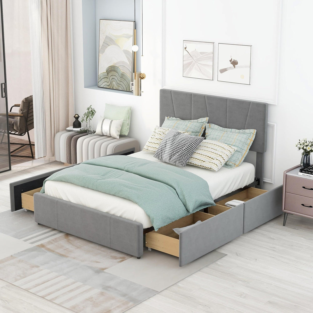 Upholstery Platform Bed with Four Drawers on Two Sides Grey - Full