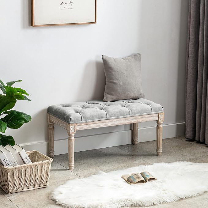 Upholstered Fabric Entryway Bench, Tufted Piano Bench for 2 People, Rubber Wood