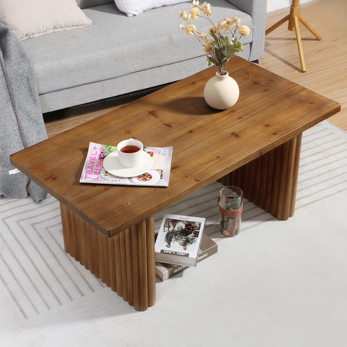 Farmhouse Fluted Coffee Table, Rectangle Solid Wood Living Room Table