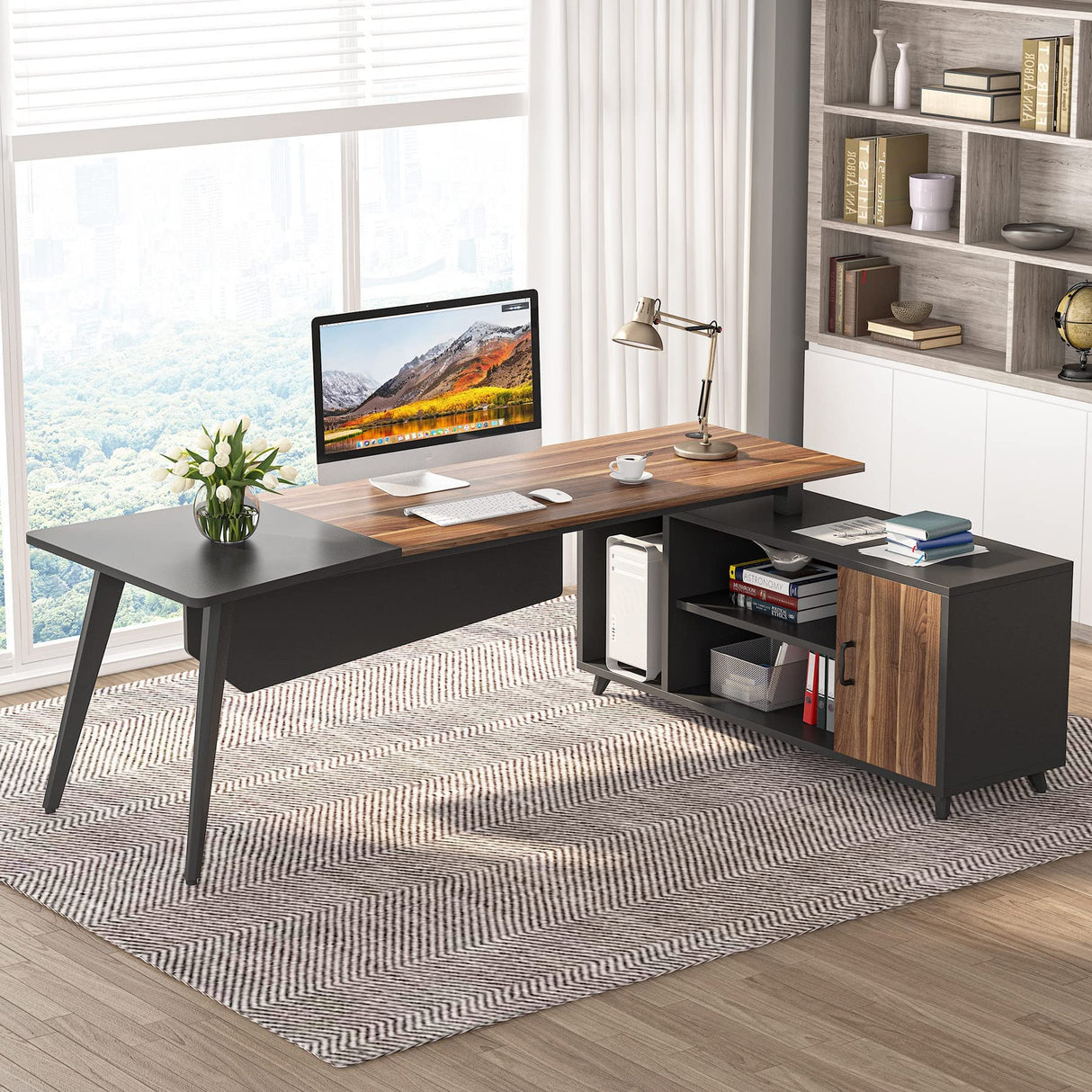 L-Shaped Executive Office Desk – 78.74” with File Cabinet & Storage