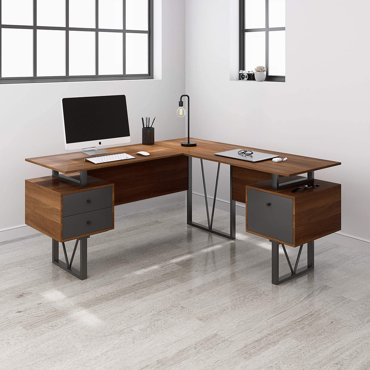 Reversible L Shaped Desk with File Cabinet and Drawers 59” W – Modern Versatile L Shaped Office Desk with Drawers and File Cabinet - Brown