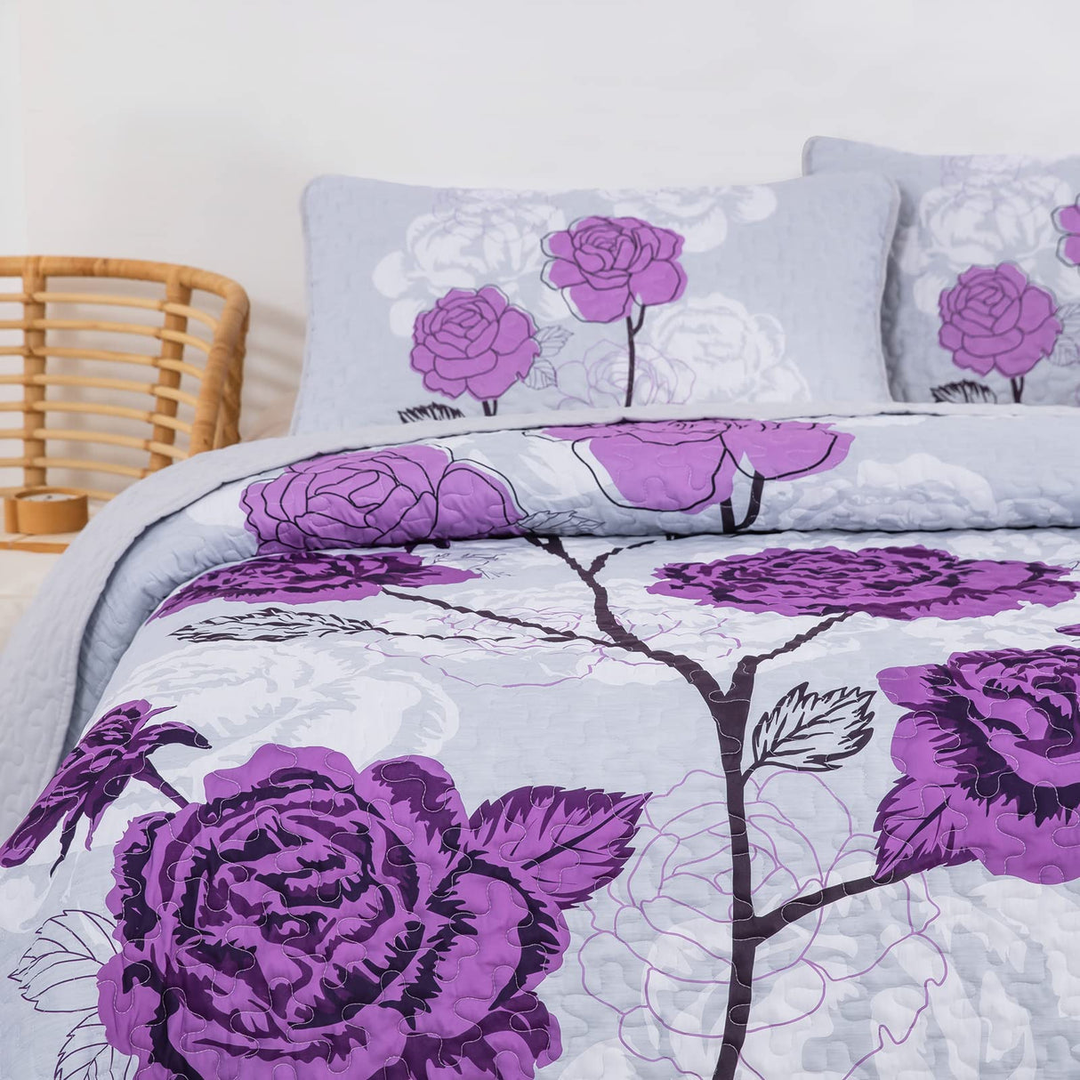 Purple Quilt Set Queen Size,Elegant Purple Floral Printed Bedspread Coverlet