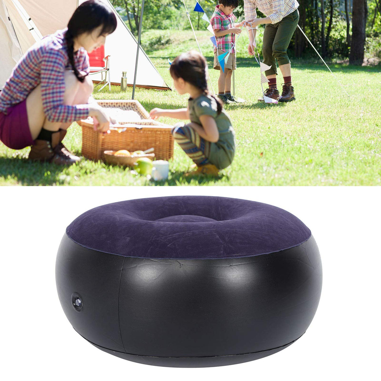 Inflatable Flocking Chair, Footrest Inflatable Stool Folding Round Indoor Outdoor Portable