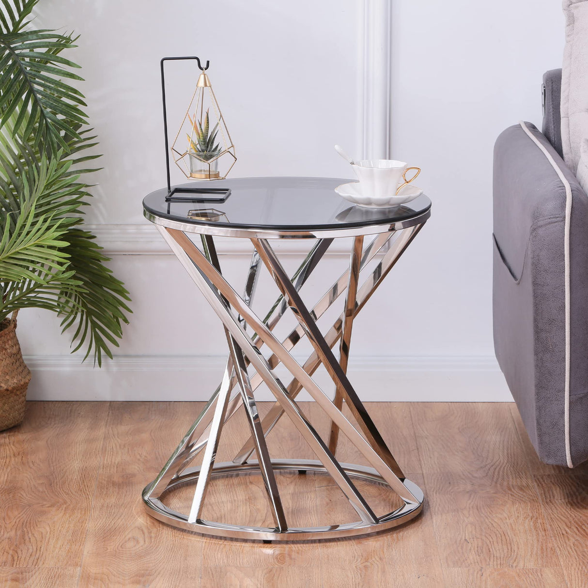 Glass Round End Table Silver Side Table Modern Spiral Center Small Side