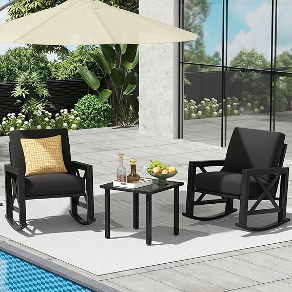 3-Piece Rocking Bistro Set - Outdoor Patio Furniture with Cushioned Chairs & Coffee Table