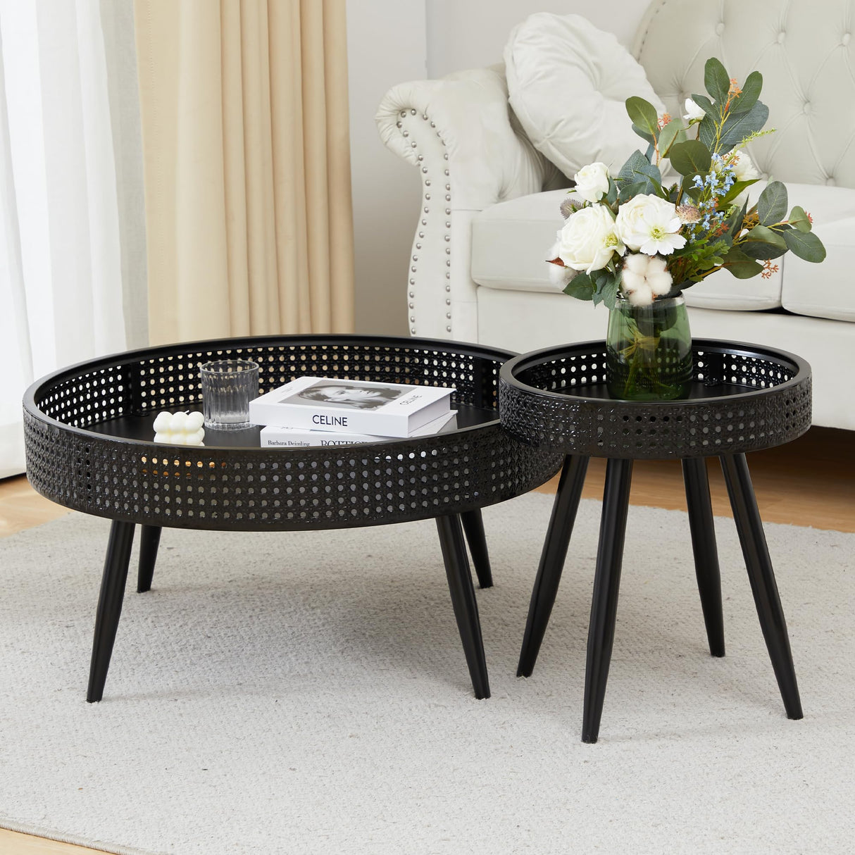 Modern Farmhouse Round End Table Set of 2,Iron Rattan Coffee Table