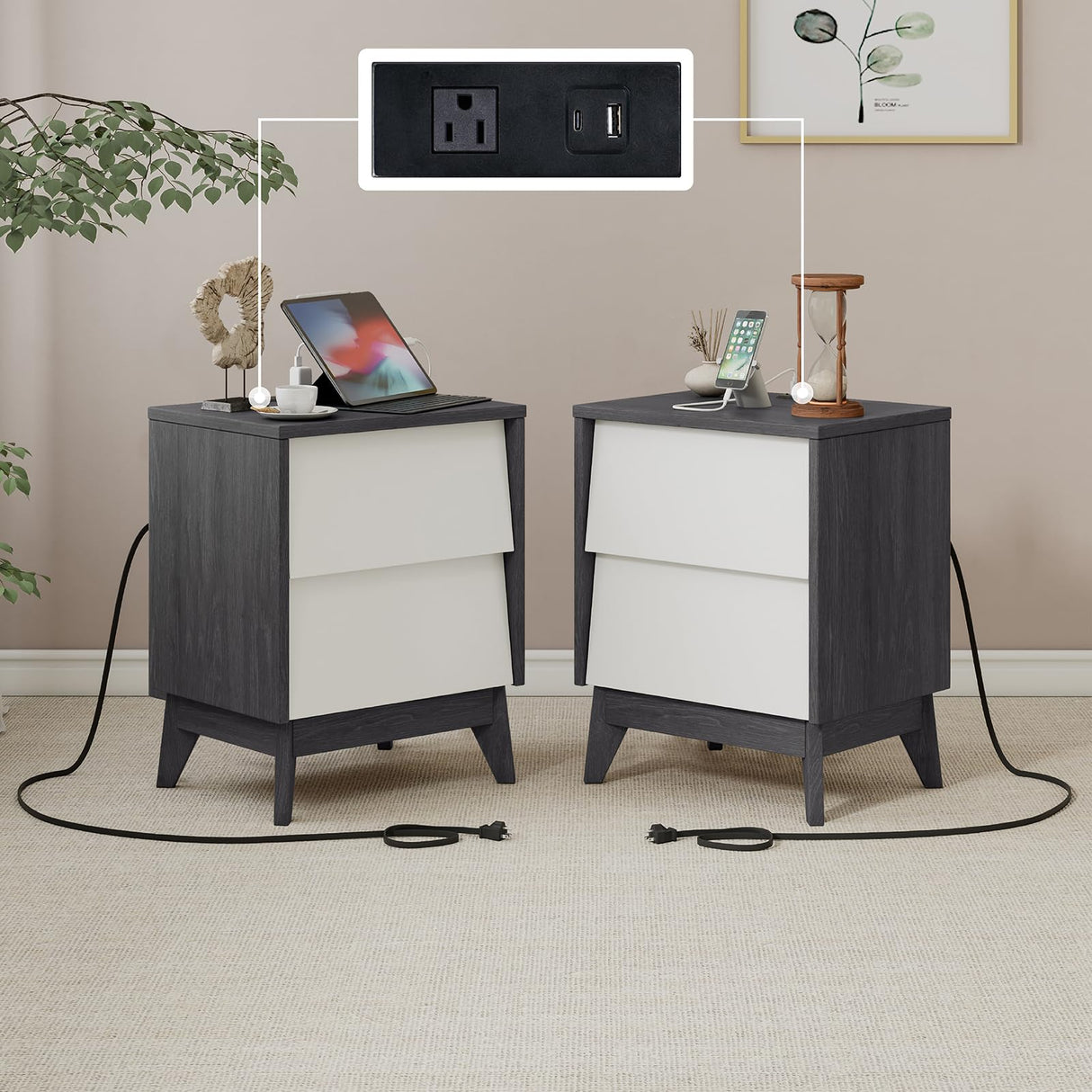 Hasbrick Casual 2 Drawer Nightstand with Wireless Charging and USB Ports,