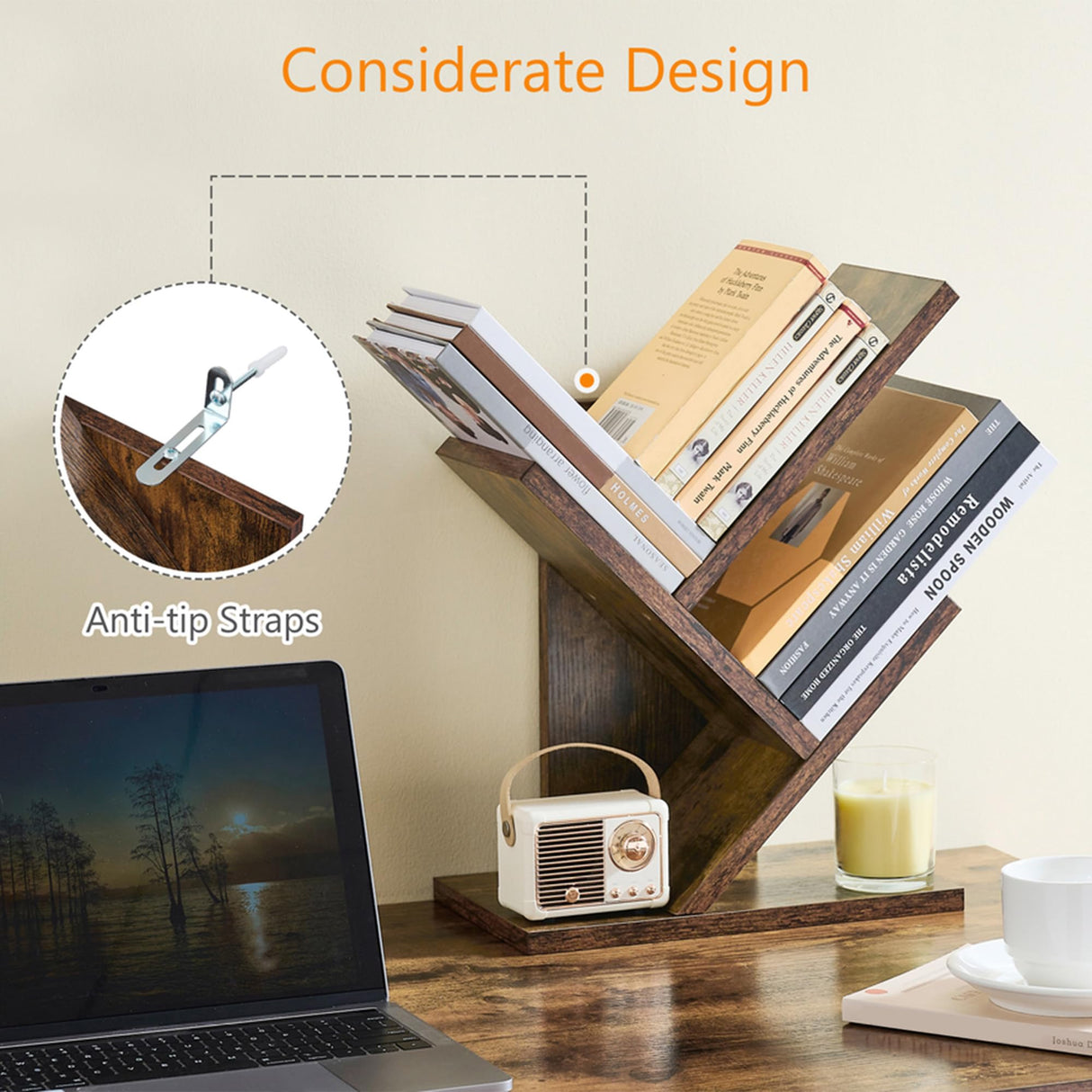 Tajsoon Tree Bookshelf 3 Tier Book Storage Organizer Shelves, Desktop Bookshelf Floor Standing Bookcase Display for CDs/Magazine/Books, Small Bookshelf for Bedroom, Living Room Office, Rustic Brown