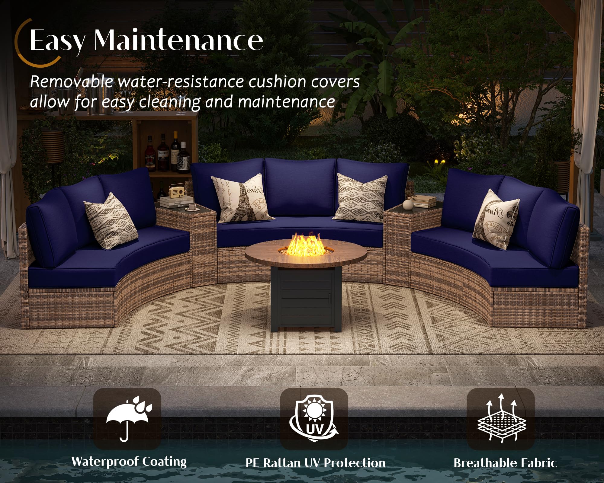 Patio Conversation Set, 11 Piece Half-Moon Sectional Round Patio Furniture Set