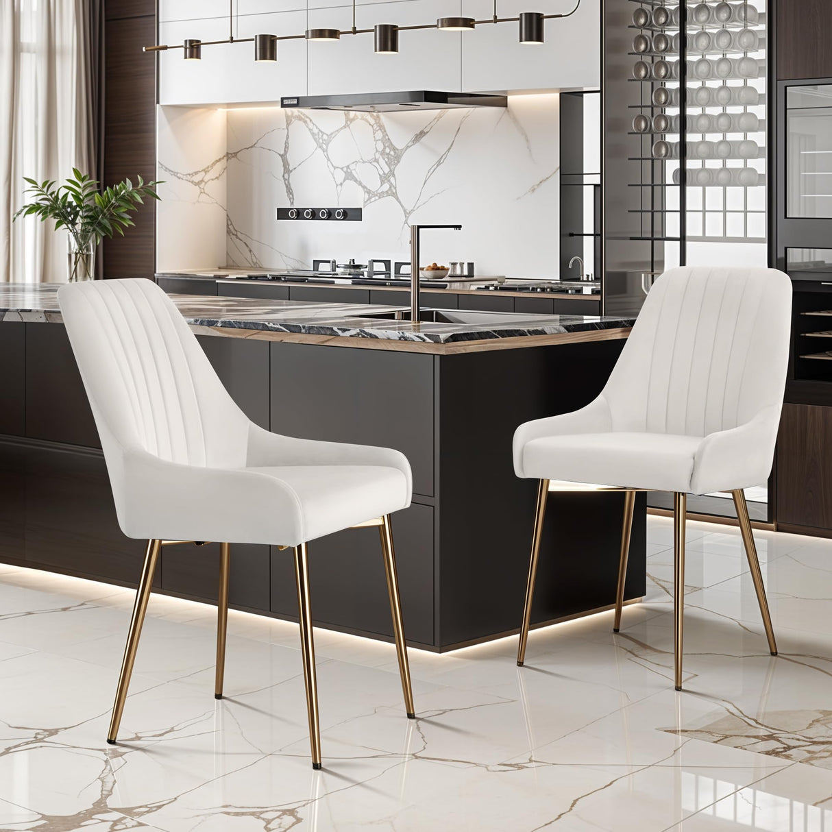 Mid-Century Modern Dining Chairs Set of 2 - White Velvet with Gold Metal Legs