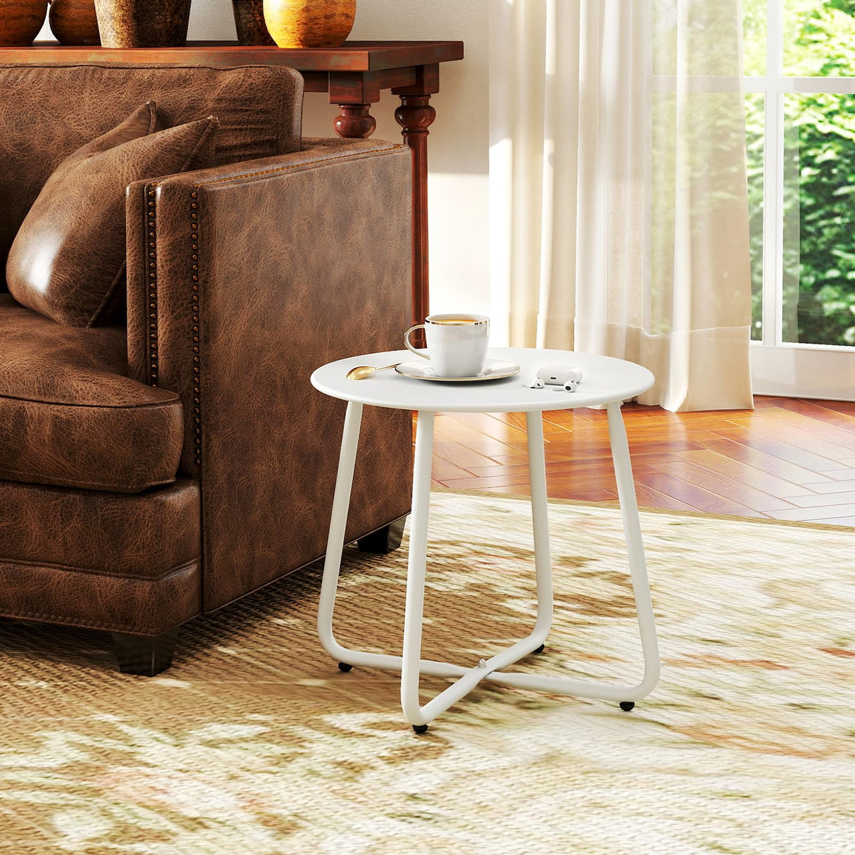 Small Round Patio Metal Side Snack Table, Accent Anti-Rust Steel Coffee Table