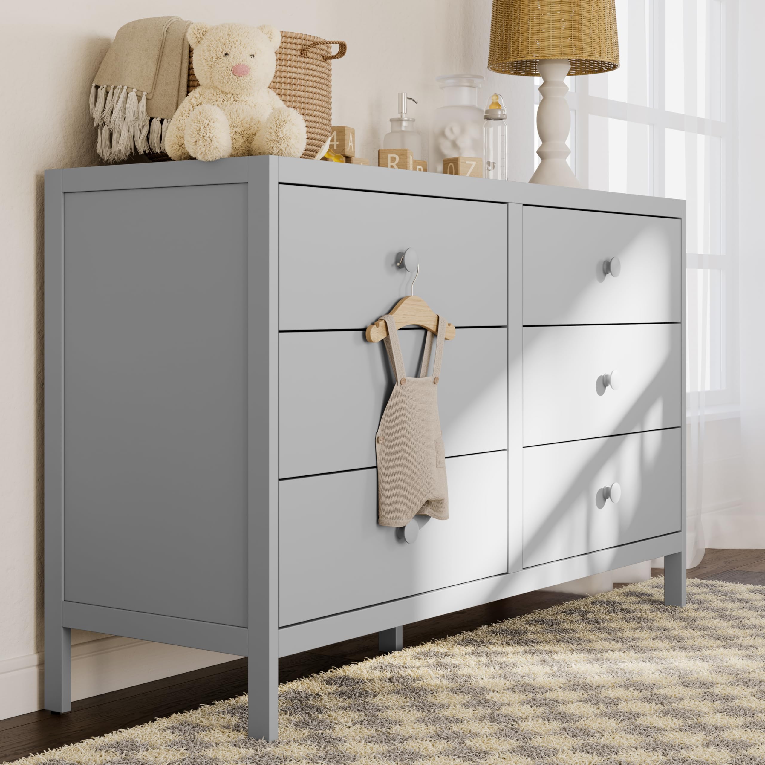 Theo 6 Drawer Dresser (Pebble Gray) - GREENGUARD Gold Certified, Interlocking Drawer