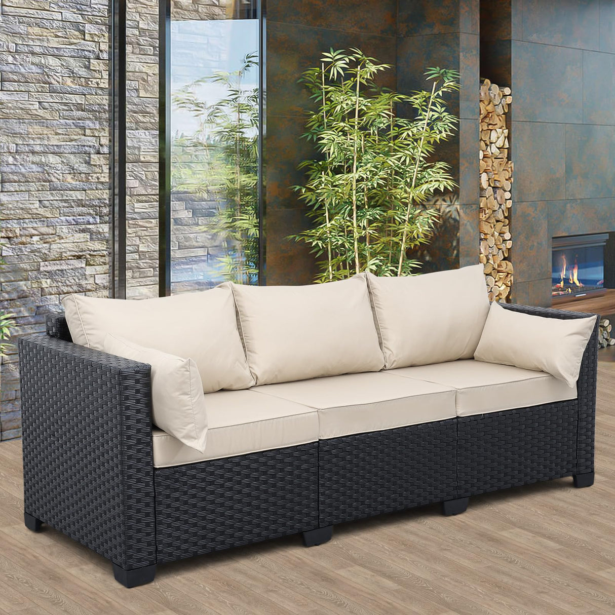3-Seat Outdoor Rattan Sofa Patio Couch Black PE Wicker Loveseat Seating Furniture