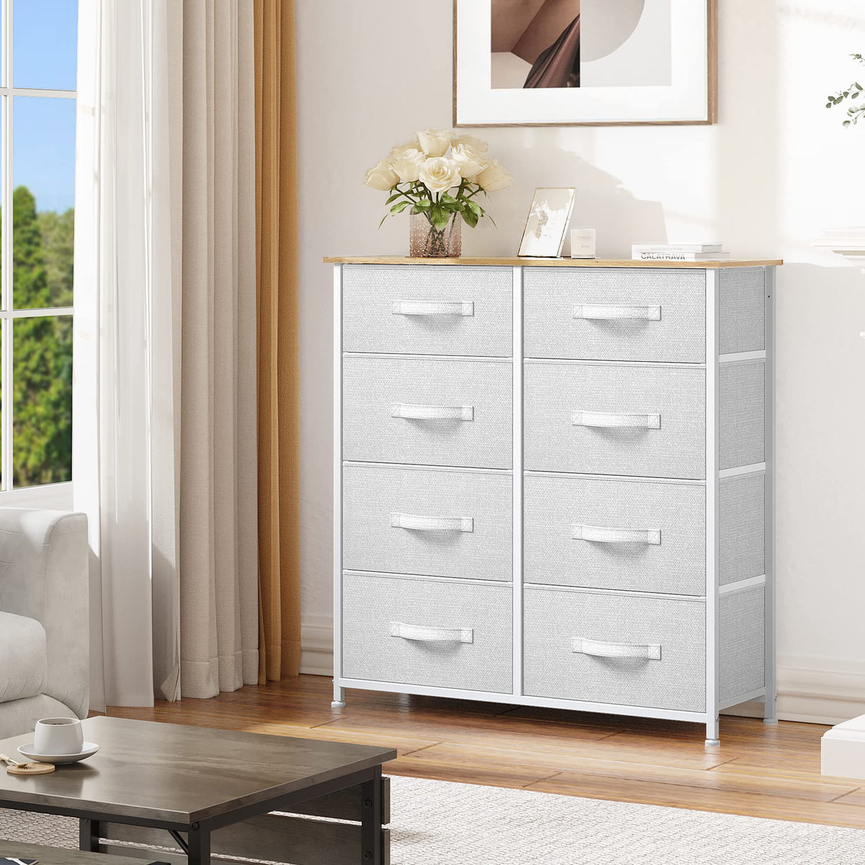 Bedroom, Tall Dresser with 8 Drawers, Storage Tower with Fabric Bins, Chest of Drawers