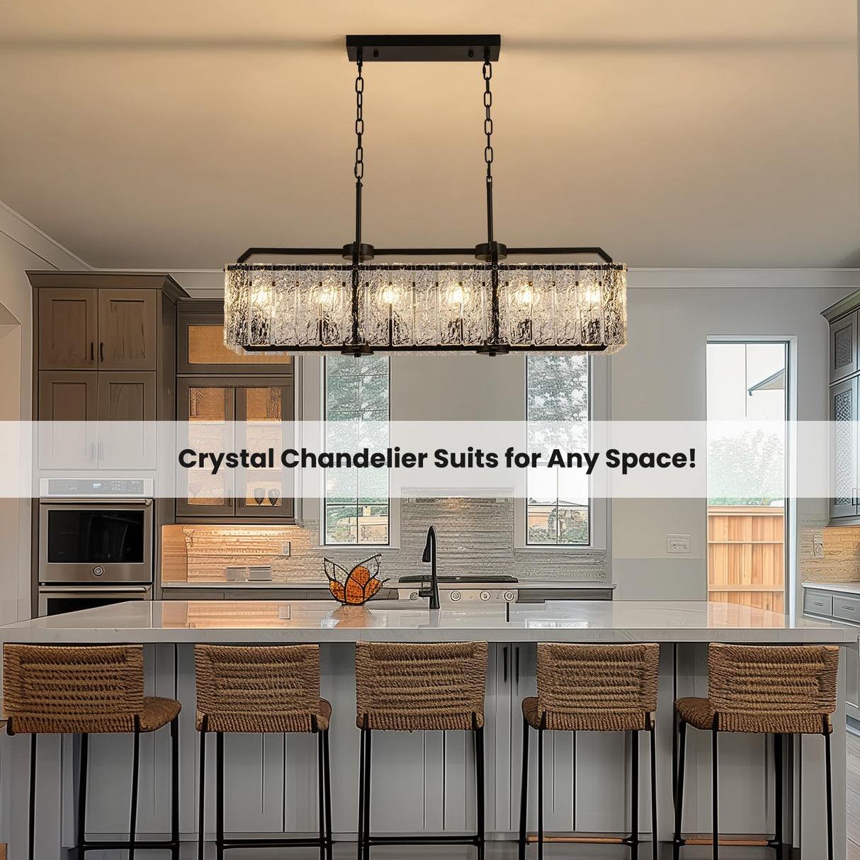 Modern Rectangle Black Crystal Chandeliers for Dining Room, L40 Rectangular Water