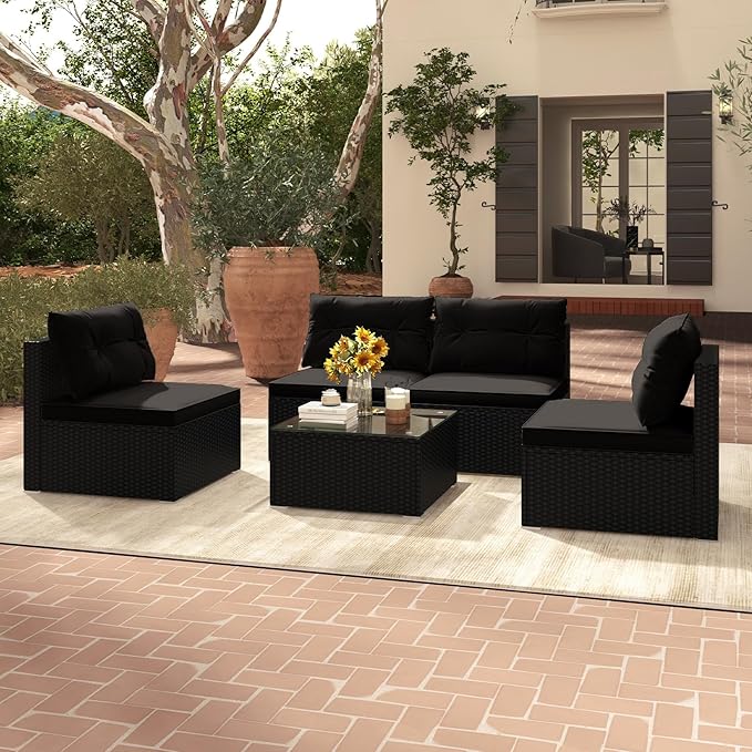5-Piece Outdoor Patio Furniture Set, Rattan Sectional Sofa Set w/Glass-Top Coffee Table