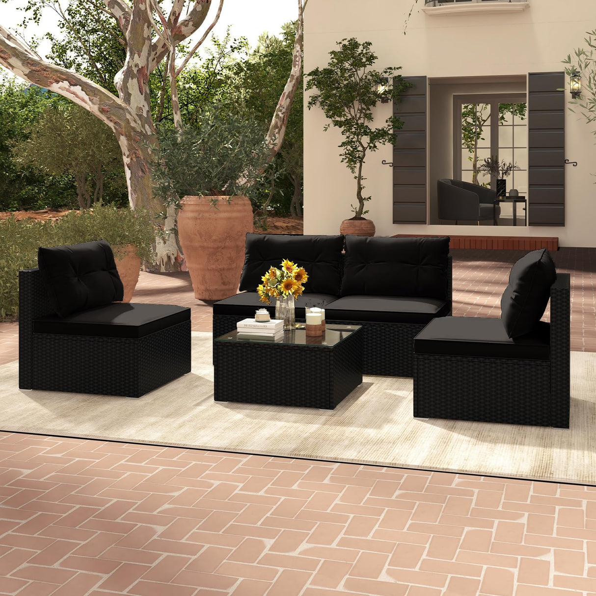 5-Piece Outdoor Patio Furniture Set, Rattan Sectional Sofa Set w/Glass-Top Coffee Table