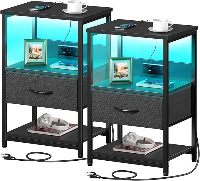 Nightstand with Charging Station, LED Bedside Table with Adjustable Fabric Drawer