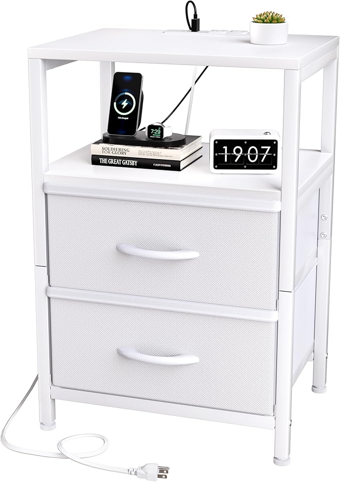Nightstand with Charging Station, End Table Side Table with 2 Drawer Storage