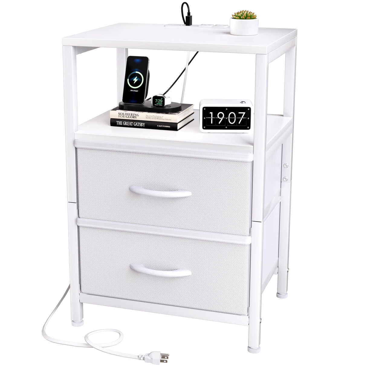 Nightstand with Charging Station, End Table Side Table with 2 Drawer Storage